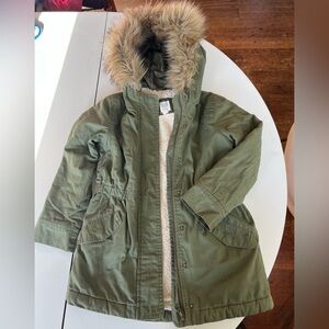 Gap Kids Green Anorak Parka Jacket with Faux Fur Trim